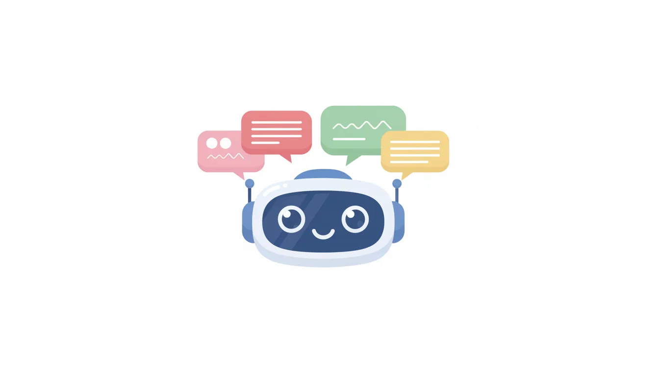 a friendly illustration of a customer support chatbot interface with a smiling robot head and speech bubbles, flat desig