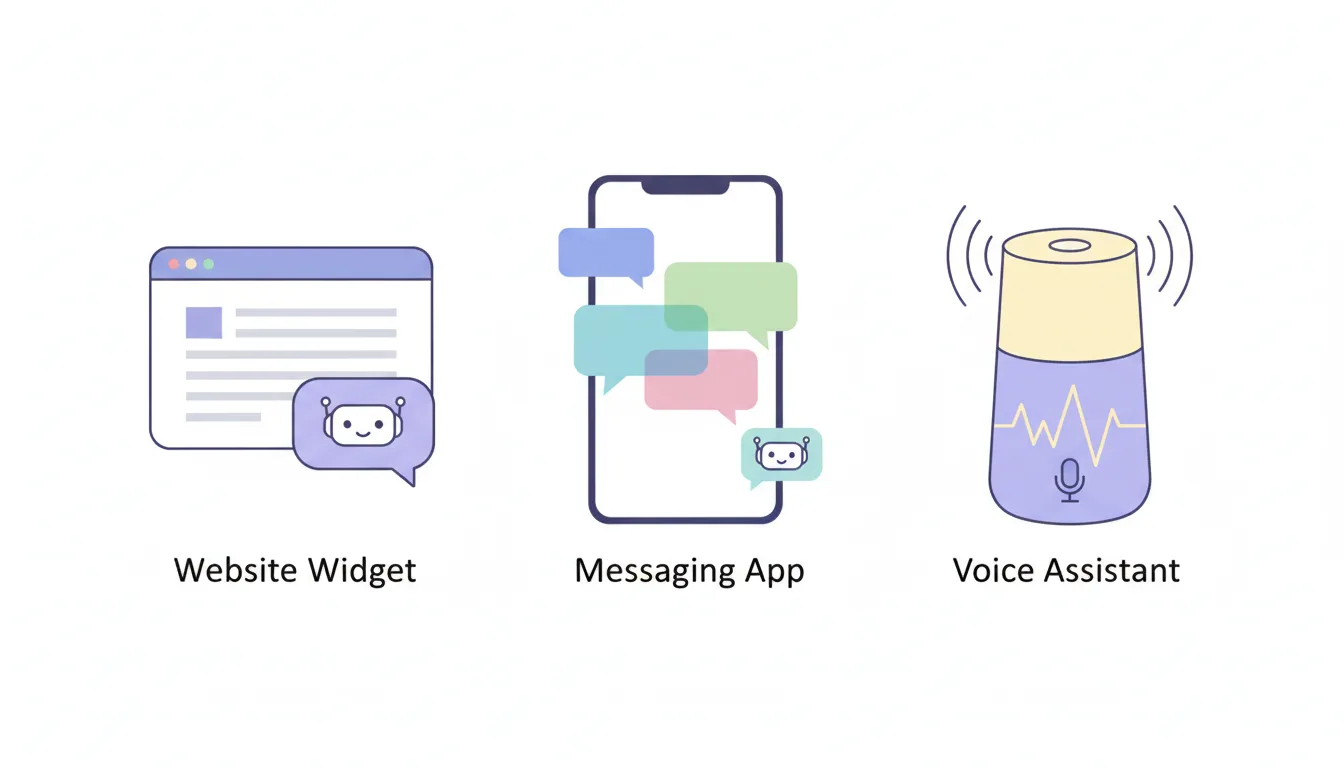 an illustration showing three types of chatbot: website widget, messaging app, and voice assistant, comparison layout, m