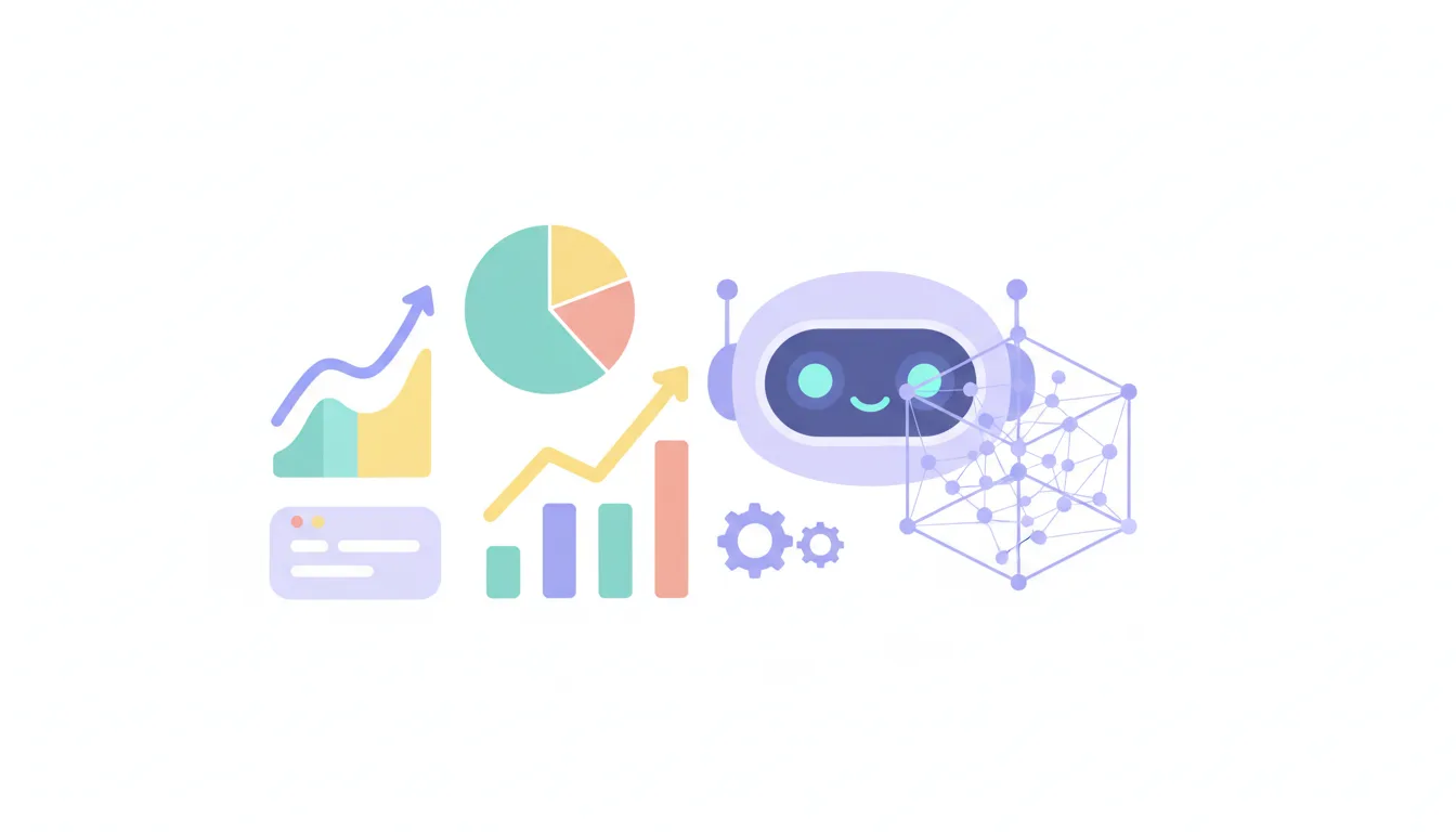 A dashboard with charts and graphs, with an AI assistant icon analyzing data