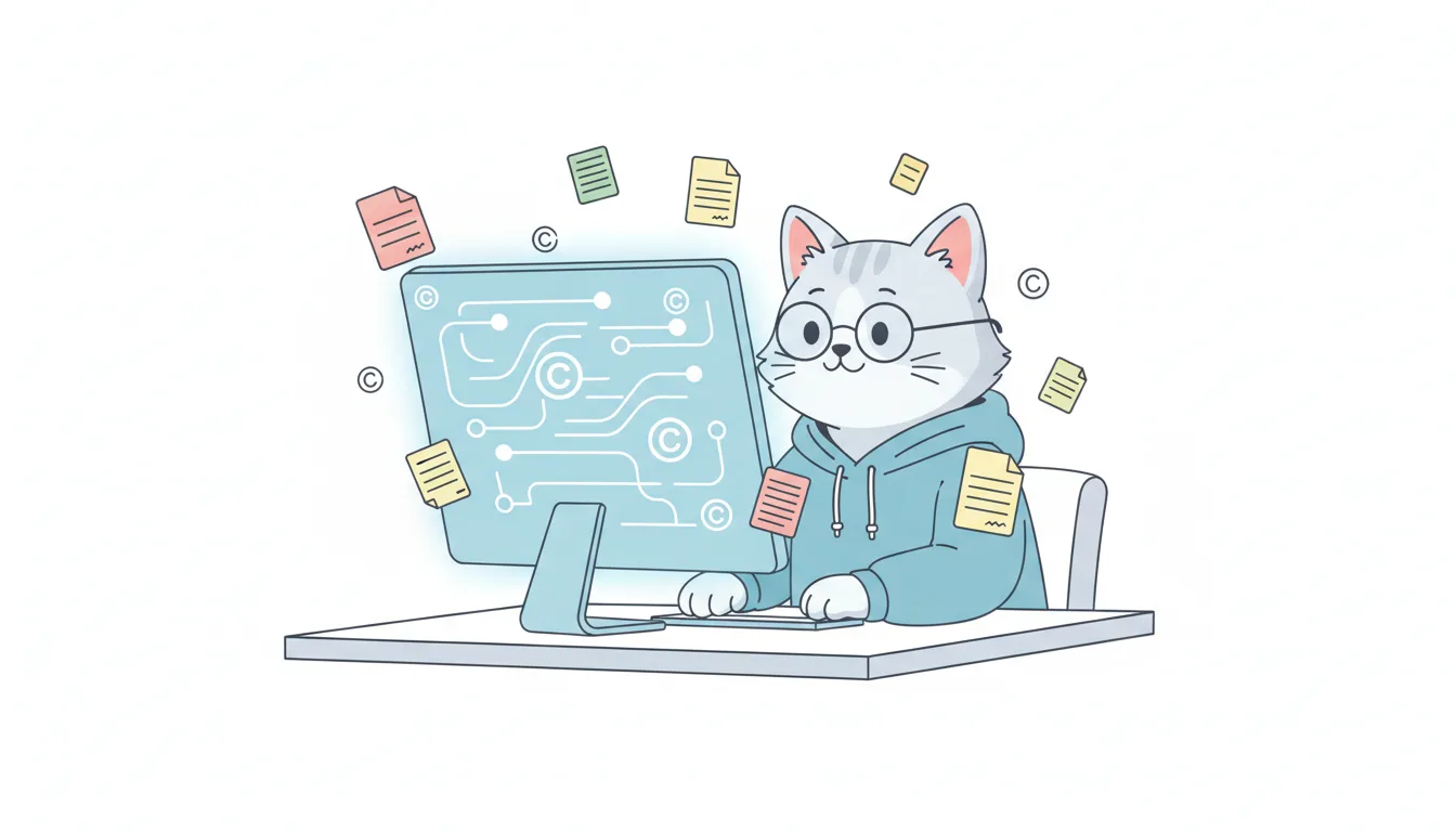 a cartoon character looking at a computer screen with copyright symbols and legal documents floating around