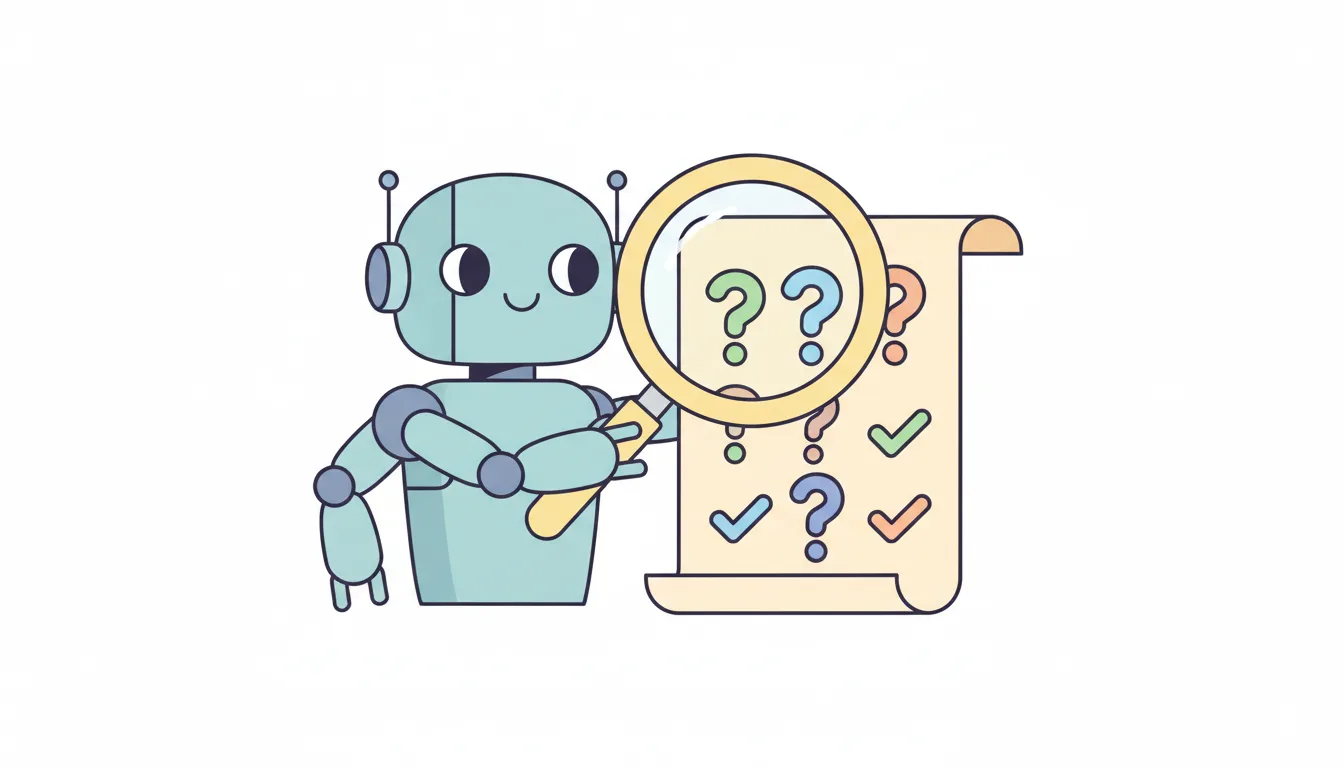a robot holding a magnifying glass over a document with question marks and checkmarks