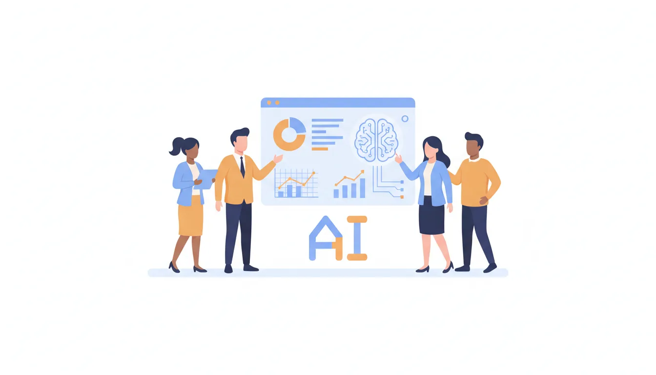 a cartoon illustration of a business team analyzing data with AI on a large screen, flat design, blue and orange color s