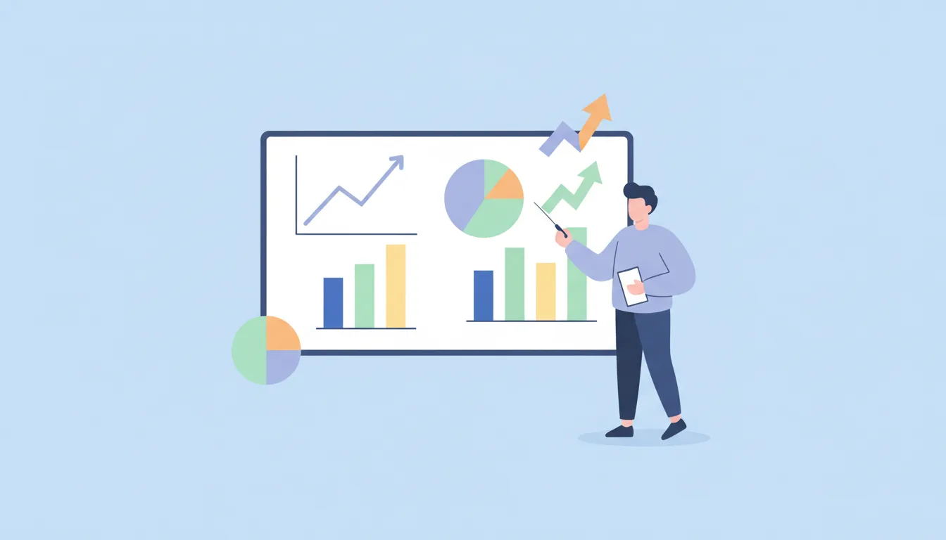 a flat illustration showing a person setting goals on a whiteboard with charts and KPIs, light blue background