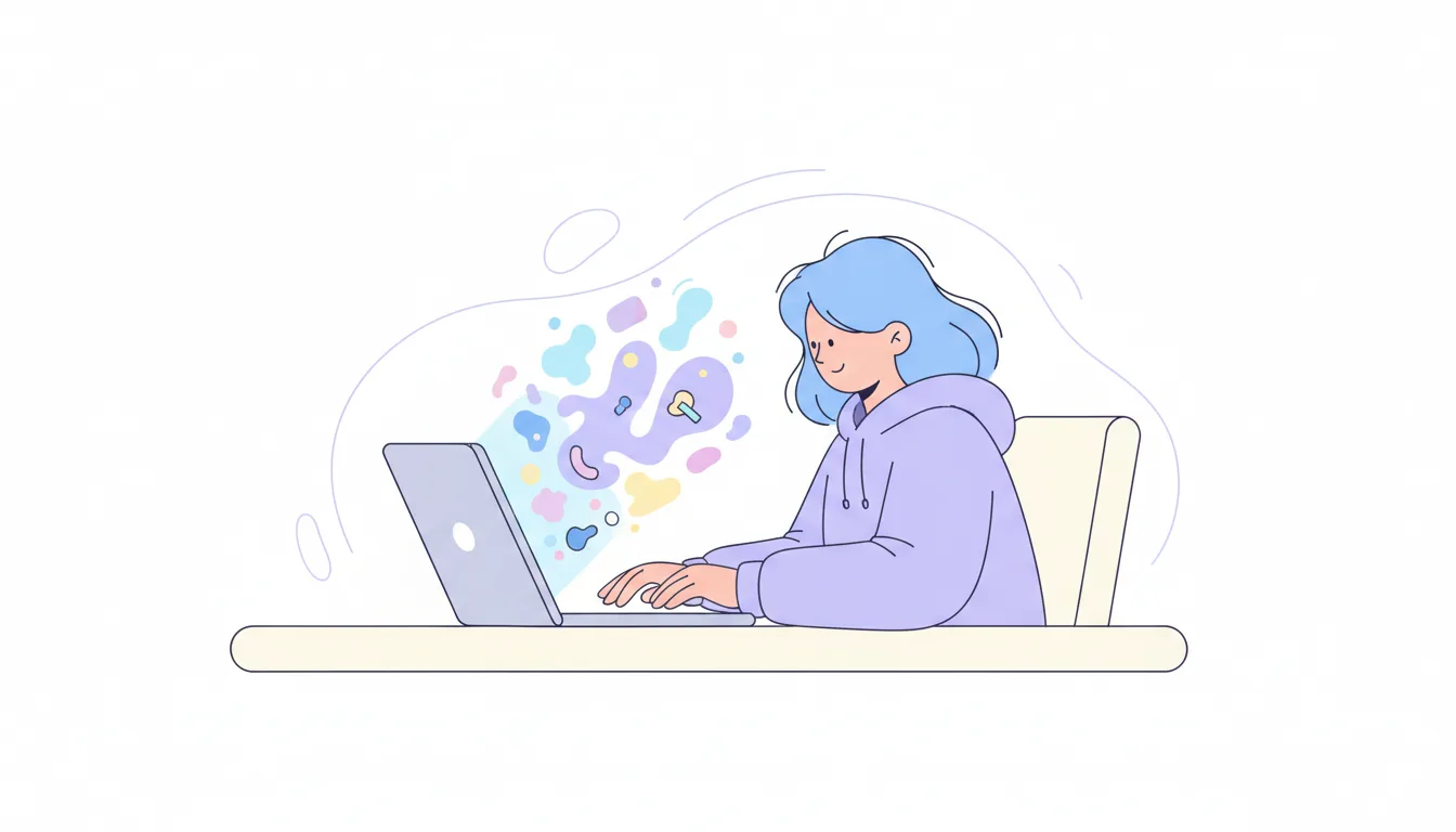 A person typing text on a laptop, with colorful abstract images floating out of the screen, flat illustration style, sof
