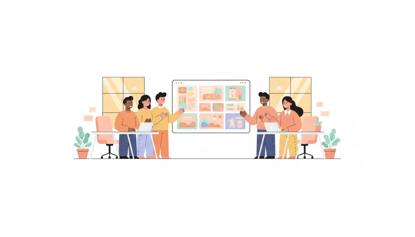 A business team looking at a large screen showing various AI-generated images for marketing materials, modern office set