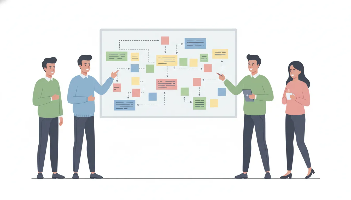 a business team discussing workflow with sticky notes on whiteboard, flat illustration style, soft colors