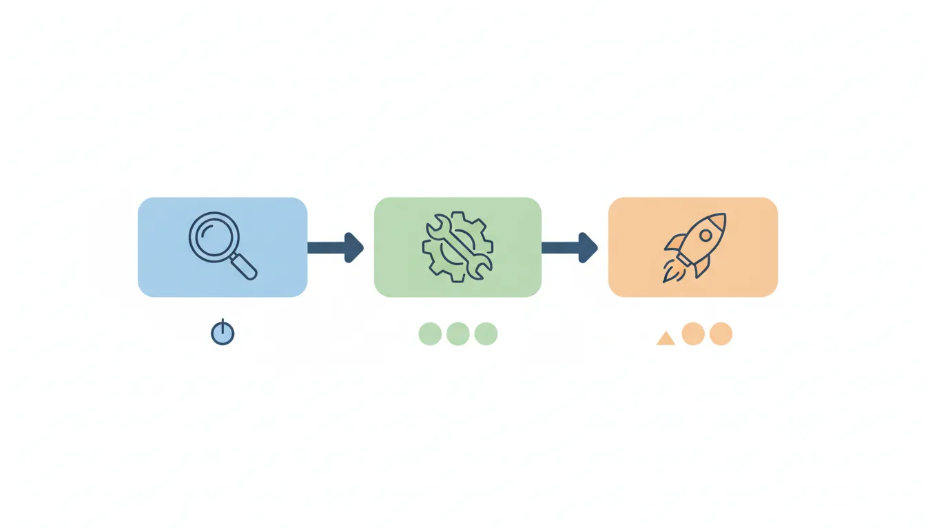 a flowchart with three steps labeled 'Select', 'Test', 'Scale', with icons of magnifying glass, gear, and rocket, minima