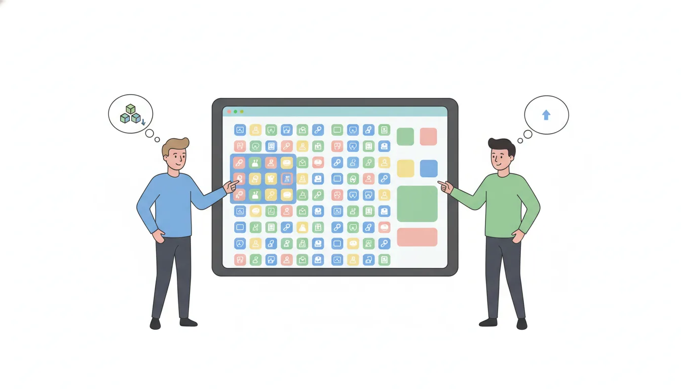 a cartoon showing two office workers looking at a large software interface with too many buttons, one saying "too much"