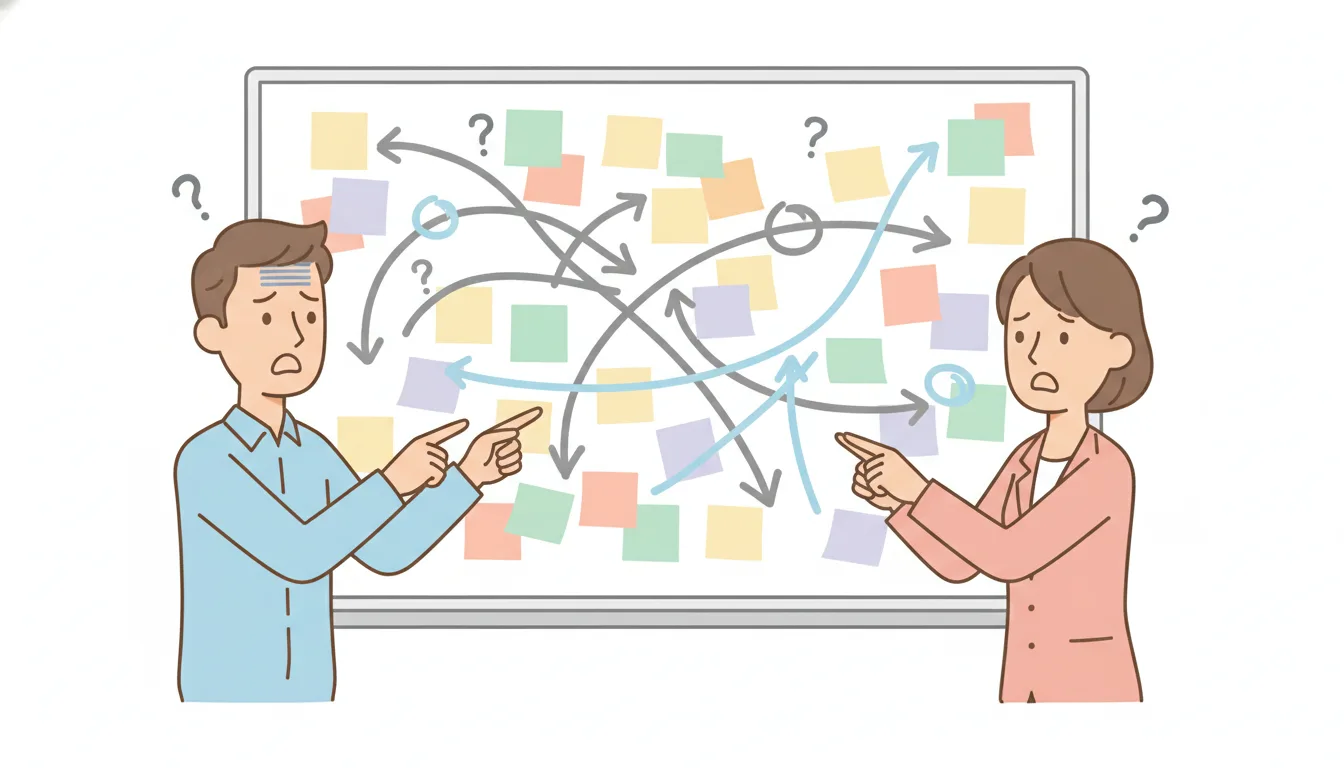 two business people pointing at a whiteboard with messy sticky notes and arrows, looking confused, flat illustration sty