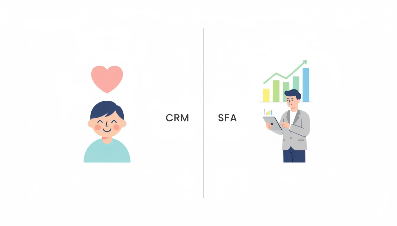 A split illustration showing CRM on the left with a heart icon and customer smiling, and SFA on the right with a graph a